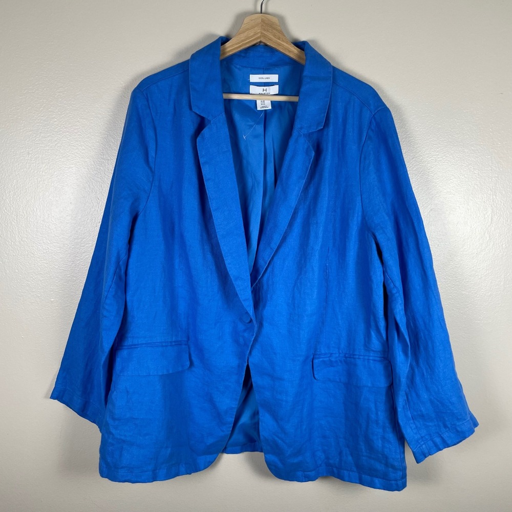 Halston Women's XL Blazer Blue 100% Linen Single Button Notched Lapel Pocket‎